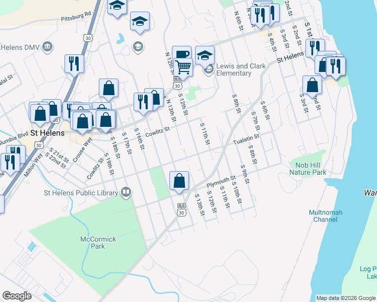 map of restaurants, bars, coffee shops, grocery stores, and more near 294 South 13th Street in St. Helens