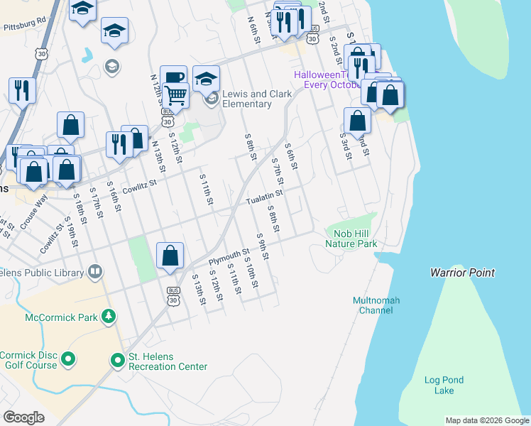 map of restaurants, bars, coffee shops, grocery stores, and more near 435 South 8th Street in St. Helens