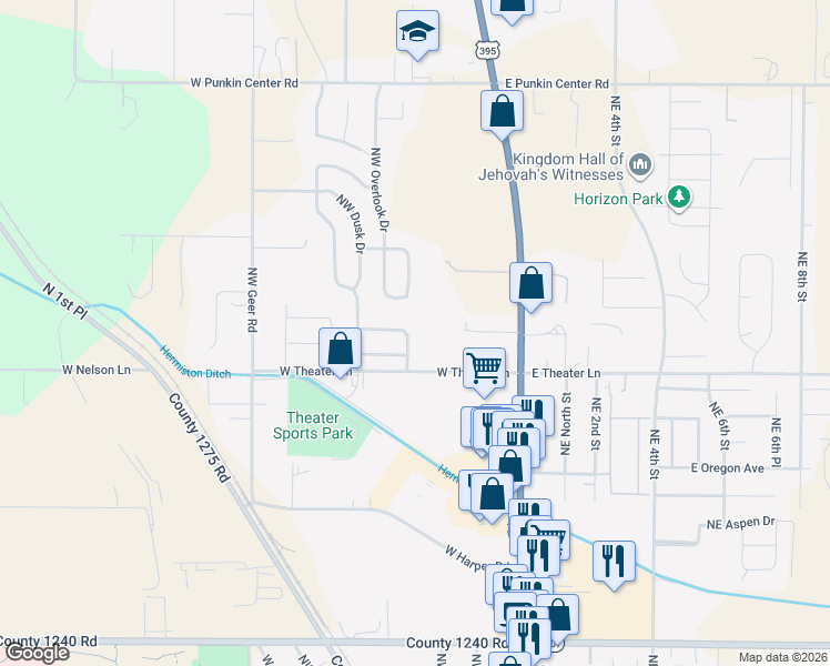 map of restaurants, bars, coffee shops, grocery stores, and more near 1932 Northwest Prickly Pear Drive in Hermiston