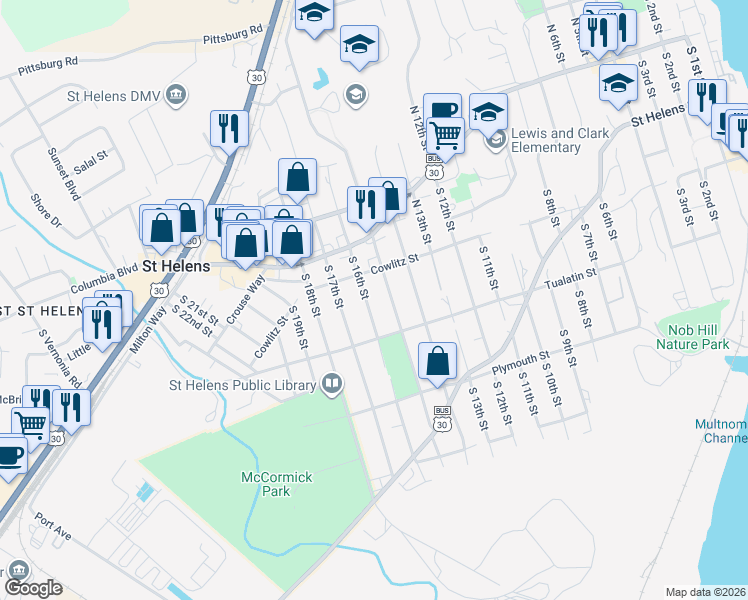 map of restaurants, bars, coffee shops, grocery stores, and more near 246 South 16th Street in St. Helens