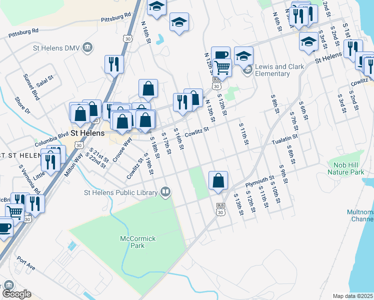 map of restaurants, bars, coffee shops, grocery stores, and more near 246 South 16th Street in St. Helens