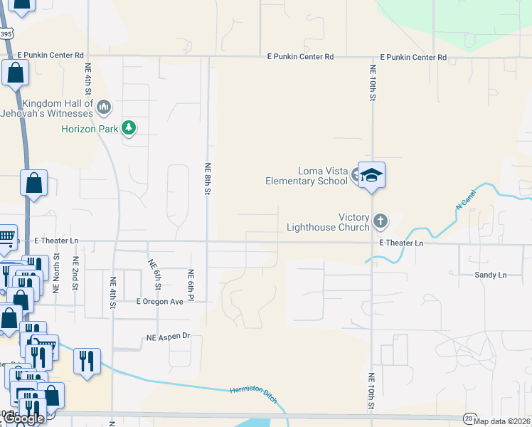 map of restaurants, bars, coffee shops, grocery stores, and more near 885 East Kinsley Avenue in Hermiston