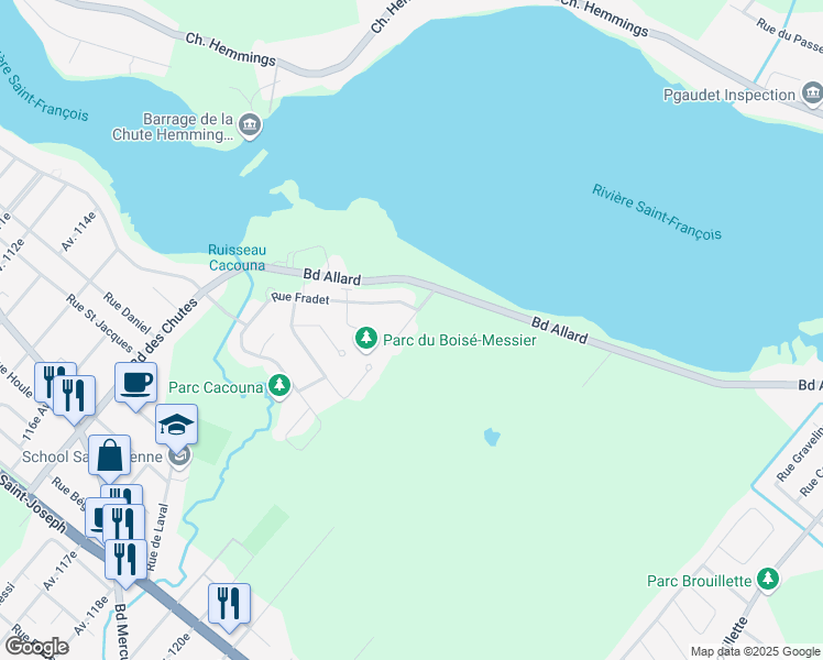 map of restaurants, bars, coffee shops, grocery stores, and more near 3070 Place de l'Iris in Drummondville