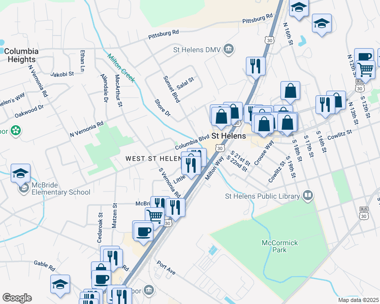 map of restaurants, bars, coffee shops, grocery stores, and more near 2369 Columbia Boulevard in St. Helens