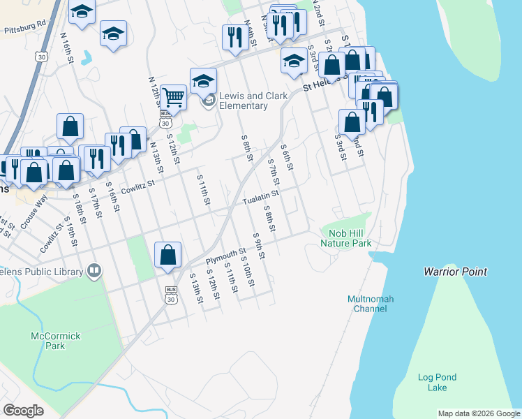 map of restaurants, bars, coffee shops, grocery stores, and more near 377 South 12th Street in St. Helens