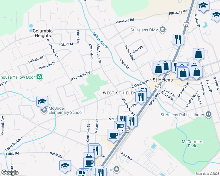 map of restaurants, bars, coffee shops, grocery stores, and more near 130 Ogan Lane in St. Helens