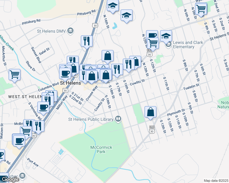 map of restaurants, bars, coffee shops, grocery stores, and more near 204 South 18th Street in St. Helens