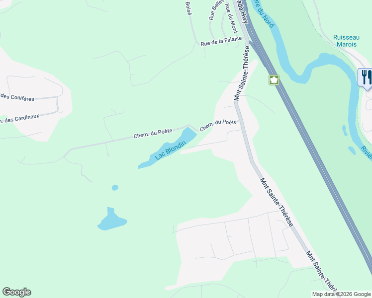 map of restaurants, bars, coffee shops, grocery stores, and more near 547 Chemin du Lac Blondin in Prã©Vost