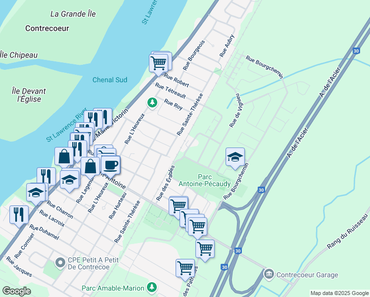 map of restaurants, bars, coffee shops, grocery stores, and more near 5218 Rue des Érables in Contrecoeur