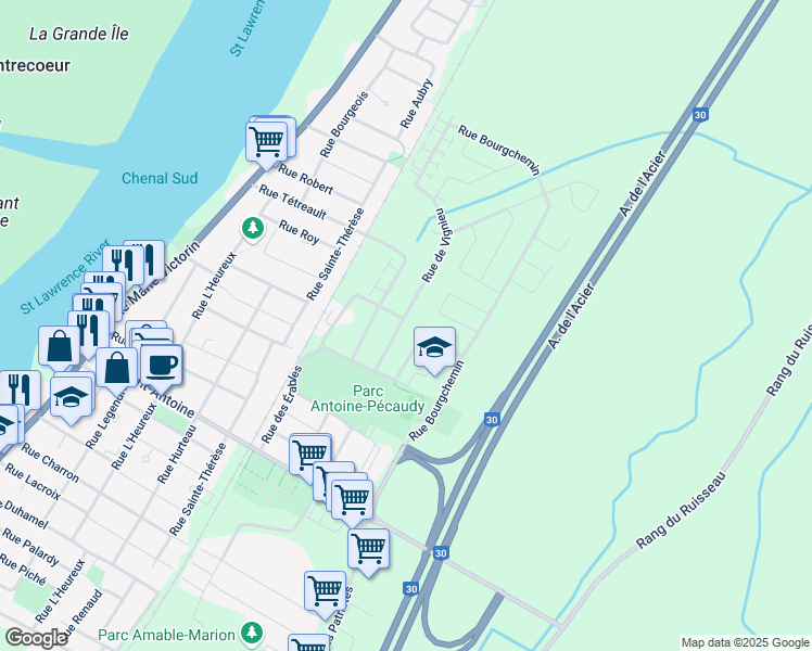map of restaurants, bars, coffee shops, grocery stores, and more near 5313 Rue de Vignieu in Contrecoeur