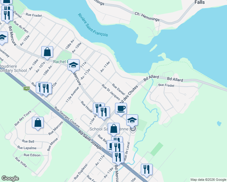 map of restaurants, bars, coffee shops, grocery stores, and more near 2015 Rue Saint Jacques in Drummondville