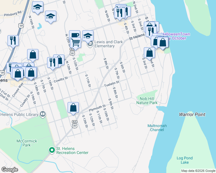 map of restaurants, bars, coffee shops, grocery stores, and more near 377 South 12th Street in St. Helens