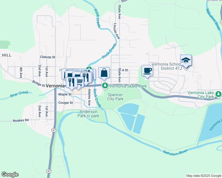 map of restaurants, bars, coffee shops, grocery stores, and more near 299 Bridge Street in Vernonia