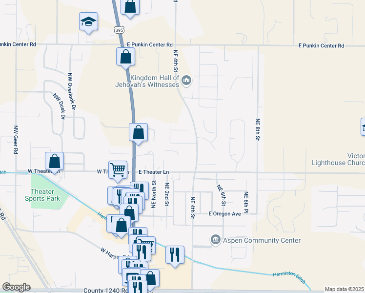 map of restaurants, bars, coffee shops, grocery stores, and more near 298 East Francolin Avenue in Hermiston