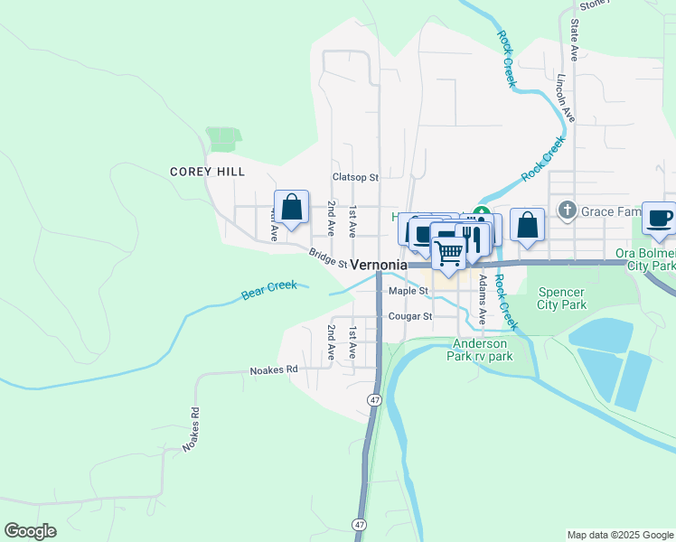 map of restaurants, bars, coffee shops, grocery stores, and more near 1172 Maple Street in Vernonia