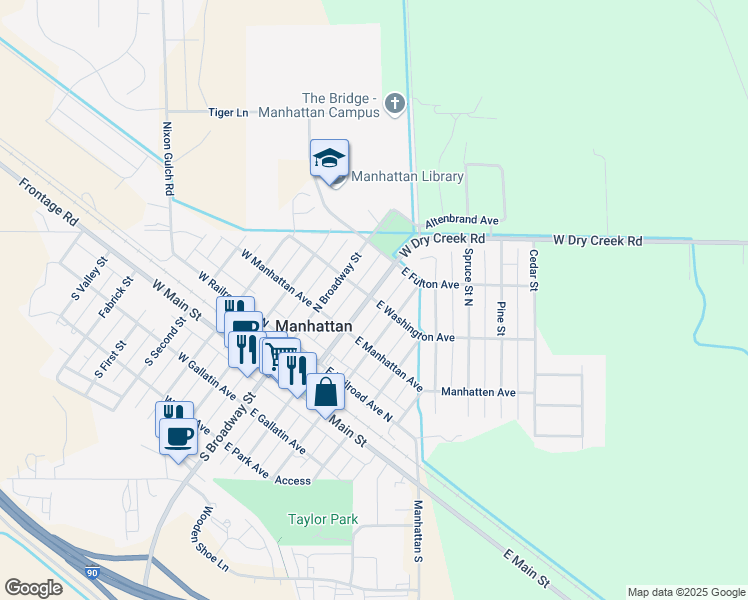 map of restaurants, bars, coffee shops, grocery stores, and more near 216 E Washington Ave in Manhattan