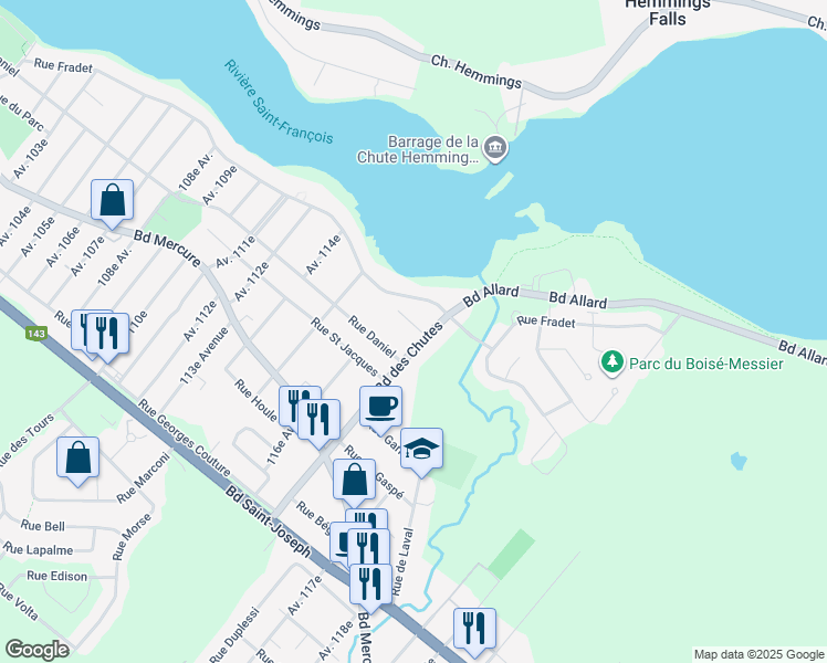 map of restaurants, bars, coffee shops, grocery stores, and more near 2130 Terrasse Messier in Drummondville