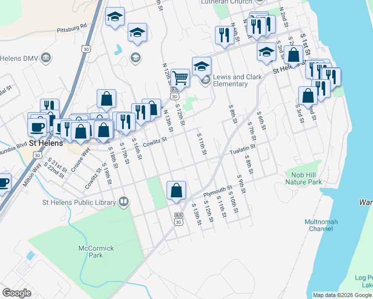map of restaurants, bars, coffee shops, grocery stores, and more near 294 South 13th Street in St. Helens