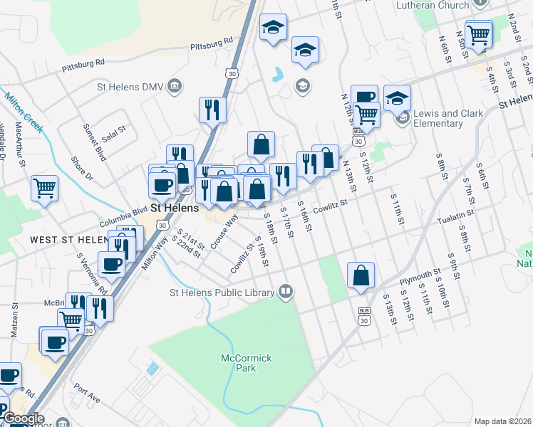 map of restaurants, bars, coffee shops, grocery stores, and more near 205 South 8th Street in St. Helens
