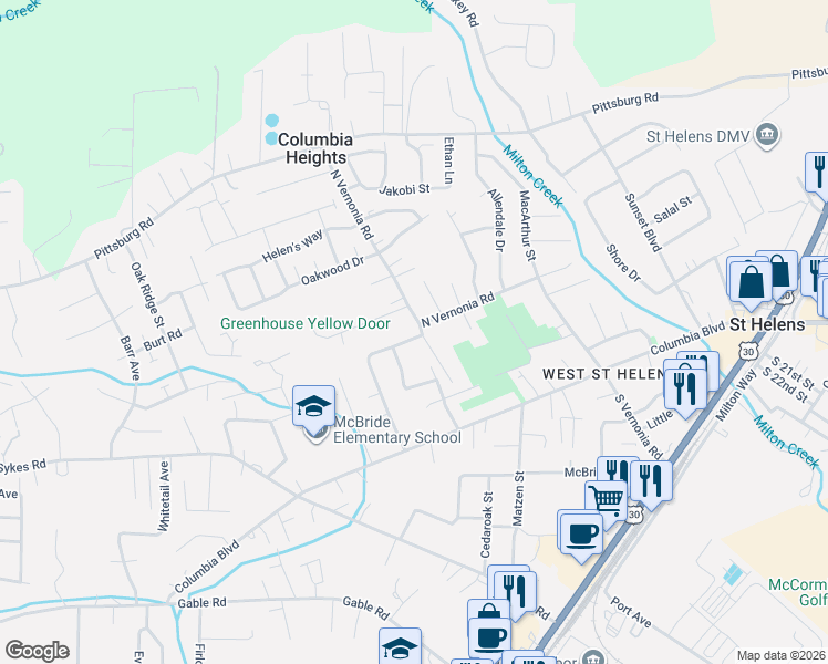 map of restaurants, bars, coffee shops, grocery stores, and more near 185 Frantz Street in St. Helens