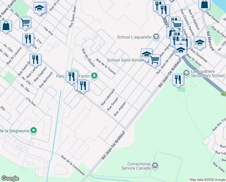 map of restaurants, bars, coffee shops, grocery stores, and more near 1757 Rue Lalemant in Drummondville