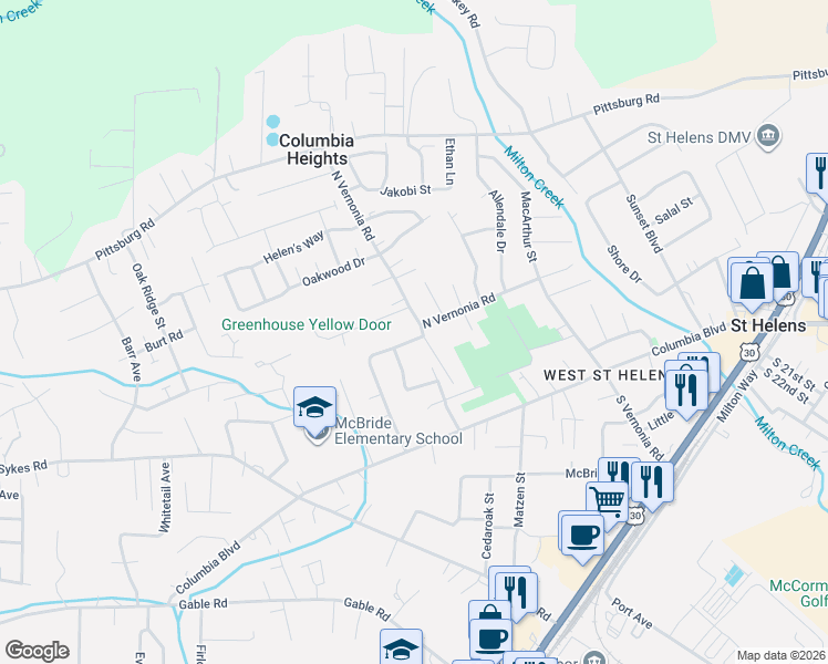 map of restaurants, bars, coffee shops, grocery stores, and more near 185 Frantz Street in St. Helens