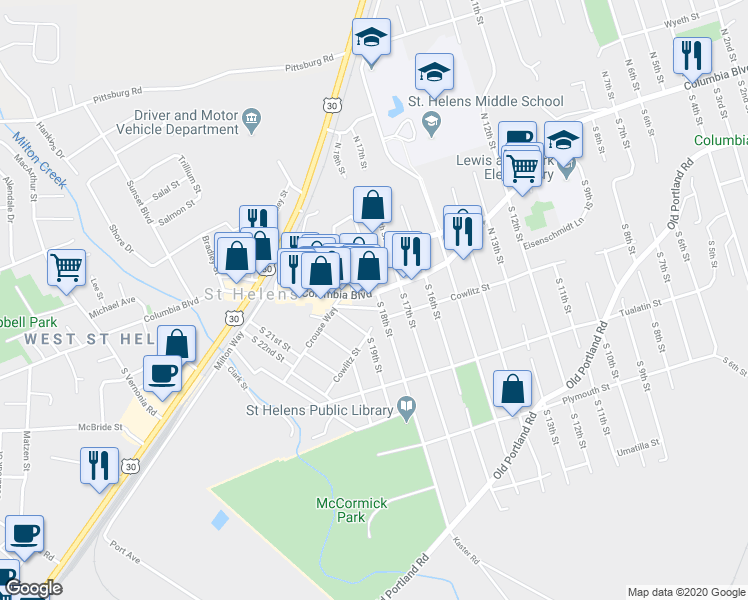 map of restaurants, bars, coffee shops, grocery stores, and more near 1809 Columbia Boulevard in Saint Helens