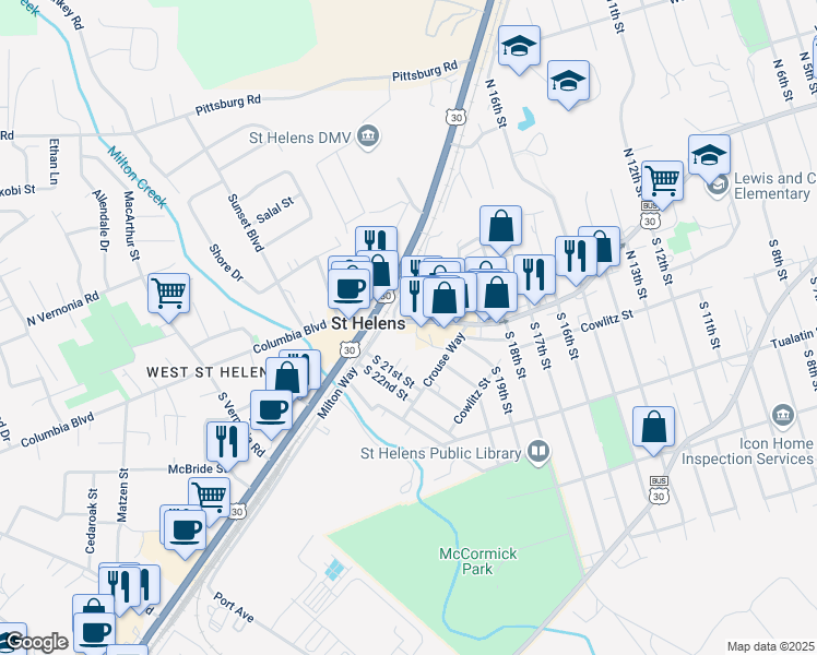 map of restaurants, bars, coffee shops, grocery stores, and more near 2194 Columbia Boulevard in St. Helens