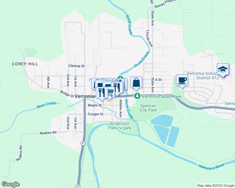 map of restaurants, bars, coffee shops, grocery stores, and more near 888 1/2 Jefferson Avenue in Vernonia