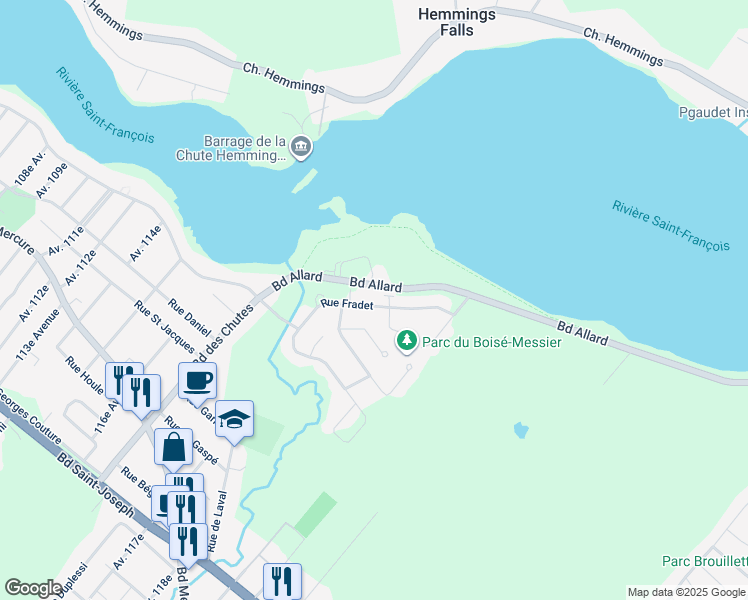 map of restaurants, bars, coffee shops, grocery stores, and more near 4059 Rue Fradet in Drummondville