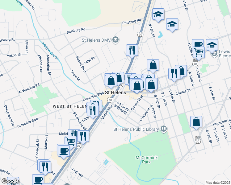 map of restaurants, bars, coffee shops, grocery stores, and more near Columbia Boulevard in St. Helens
