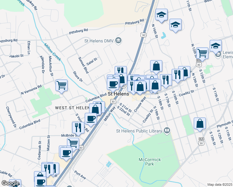 map of restaurants, bars, coffee shops, grocery stores, and more near Columbia Boulevard in St. Helens