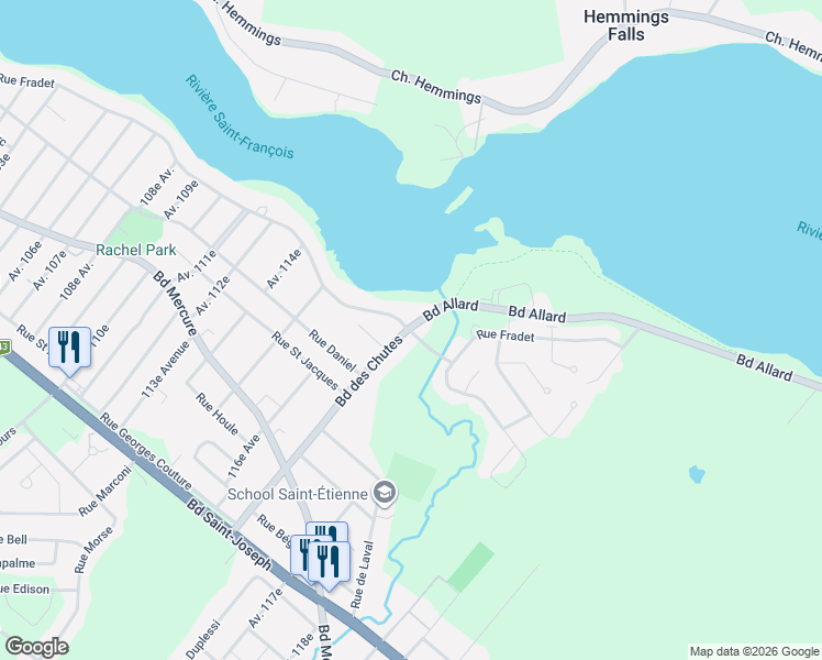 map of restaurants, bars, coffee shops, grocery stores, and more near 565 Boulevard des Chutes in Drummondville
