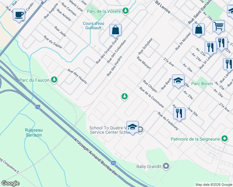 map of restaurants, bars, coffee shops, grocery stores, and more near 1380 Rue Bizet in Drummondville