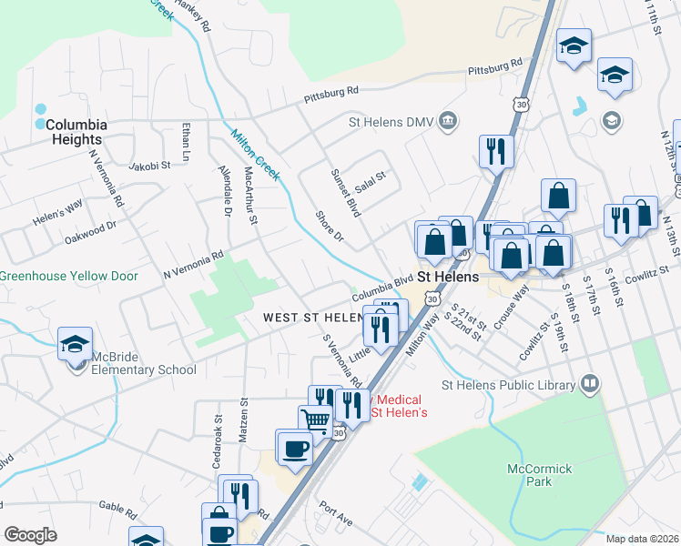 map of restaurants, bars, coffee shops, grocery stores, and more near 154 Michael Avenue in St. Helens