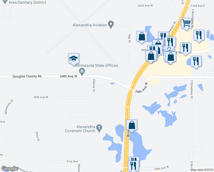 map of restaurants, bars, coffee shops, grocery stores, and more near 910 34th Avenue West in Alexandria