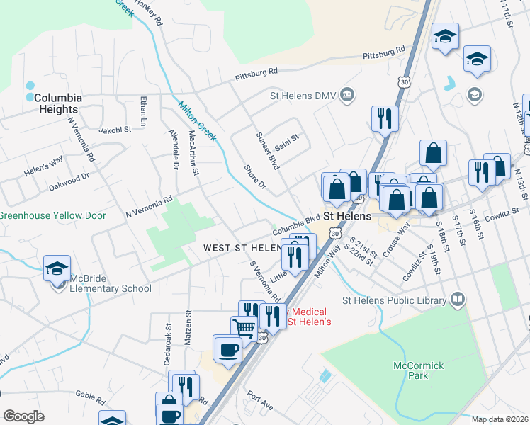 map of restaurants, bars, coffee shops, grocery stores, and more near 154 Michael Avenue in St. Helens