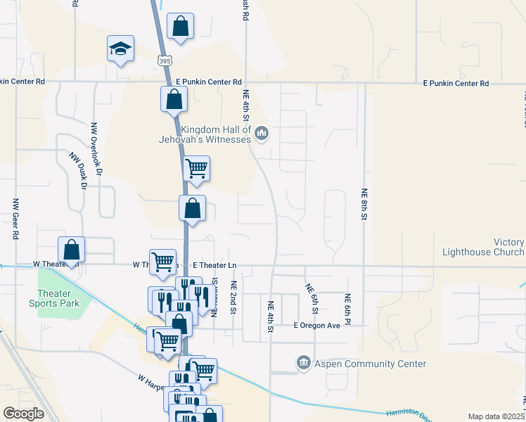 map of restaurants, bars, coffee shops, grocery stores, and more near 291 Grouse Court in Hermiston