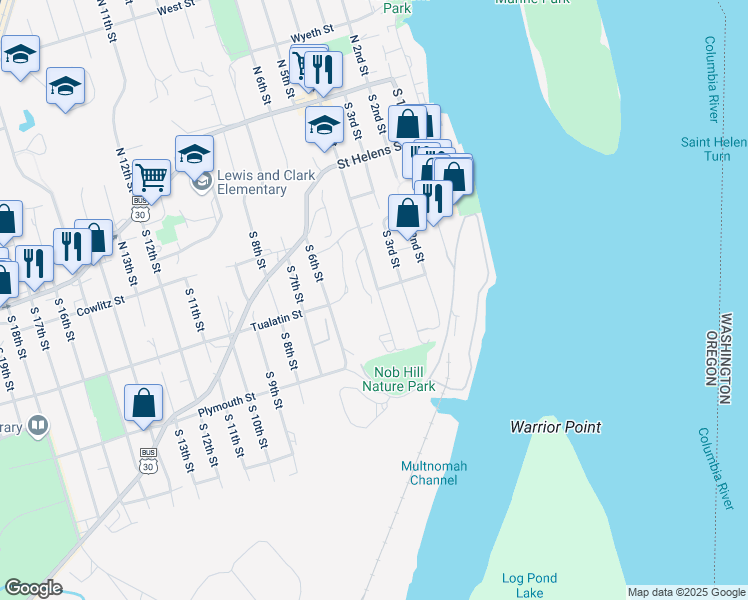map of restaurants, bars, coffee shops, grocery stores, and more near 396 Park Way in St. Helens