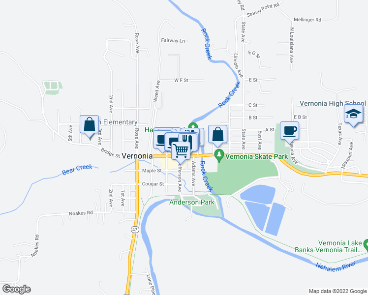 map of restaurants, bars, coffee shops, grocery stores, and more near 888 1/2 Jefferson Avenue in Vernonia