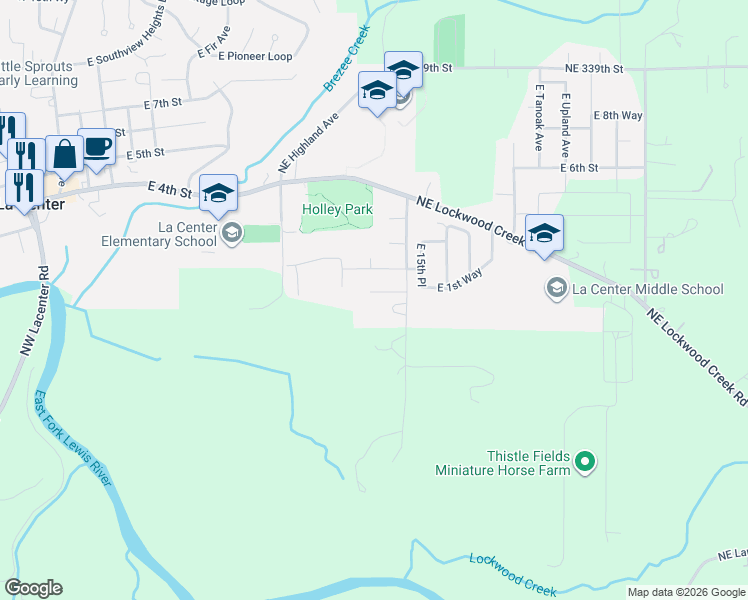 map of restaurants, bars, coffee shops, grocery stores, and more near 1338 East 1st Circle in La Center