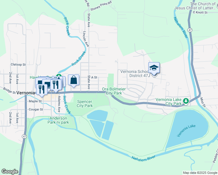 map of restaurants, bars, coffee shops, grocery stores, and more near 123 North St in Vernonia