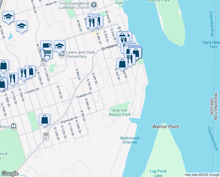 map of restaurants, bars, coffee shops, grocery stores, and more near 396 Park Way in St. Helens