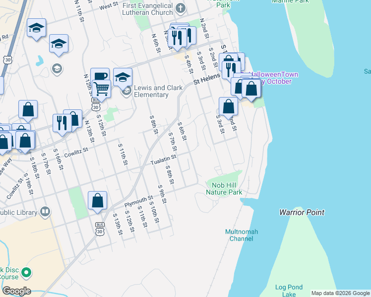 map of restaurants, bars, coffee shops, grocery stores, and more near 610 Tualatin Street in St. Helens