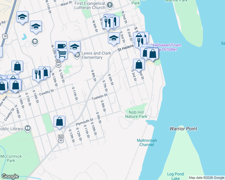 map of restaurants, bars, coffee shops, grocery stores, and more near 610 Tualatin Street in St. Helens