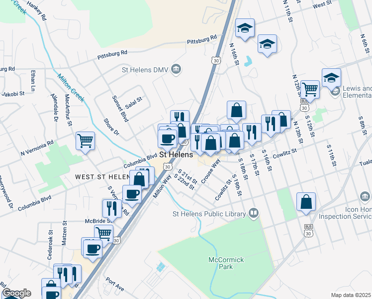 map of restaurants, bars, coffee shops, grocery stores, and more near 2194 Columbia Boulevard in St. Helens