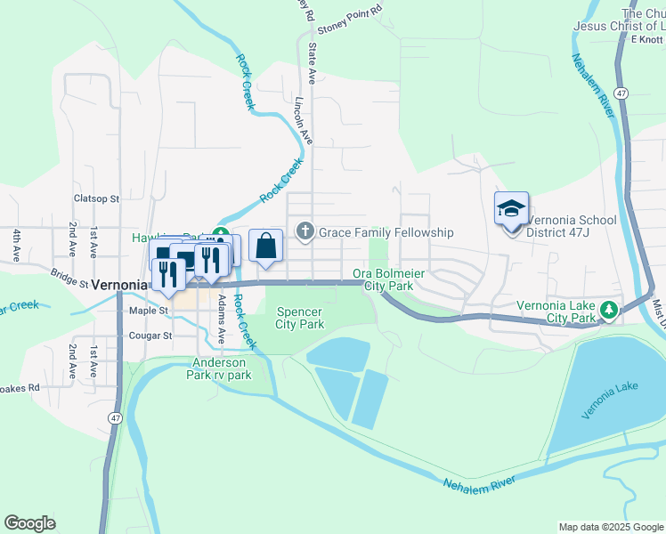 map of restaurants, bars, coffee shops, grocery stores, and more near 203 North Street in Vernonia