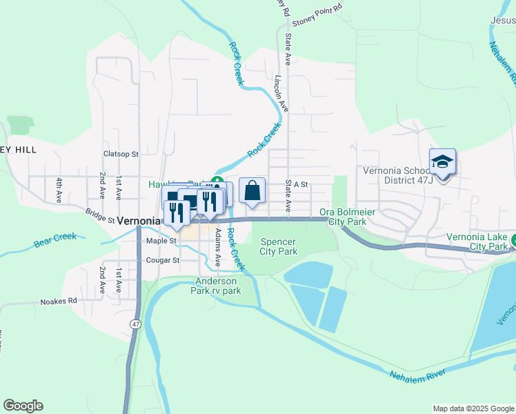 map of restaurants, bars, coffee shops, grocery stores, and more near 445 North Street in Vernonia