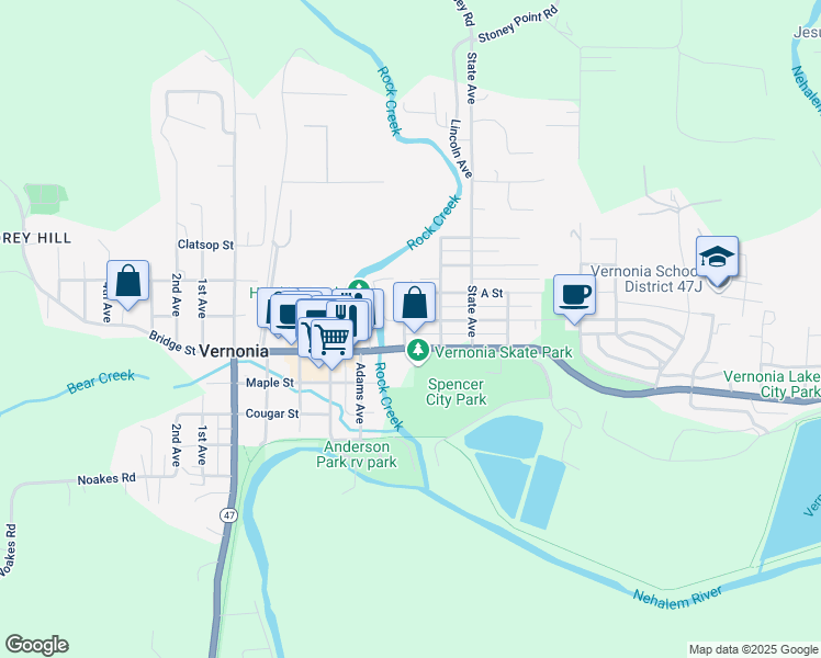 map of restaurants, bars, coffee shops, grocery stores, and more near 445 North Street in Vernonia