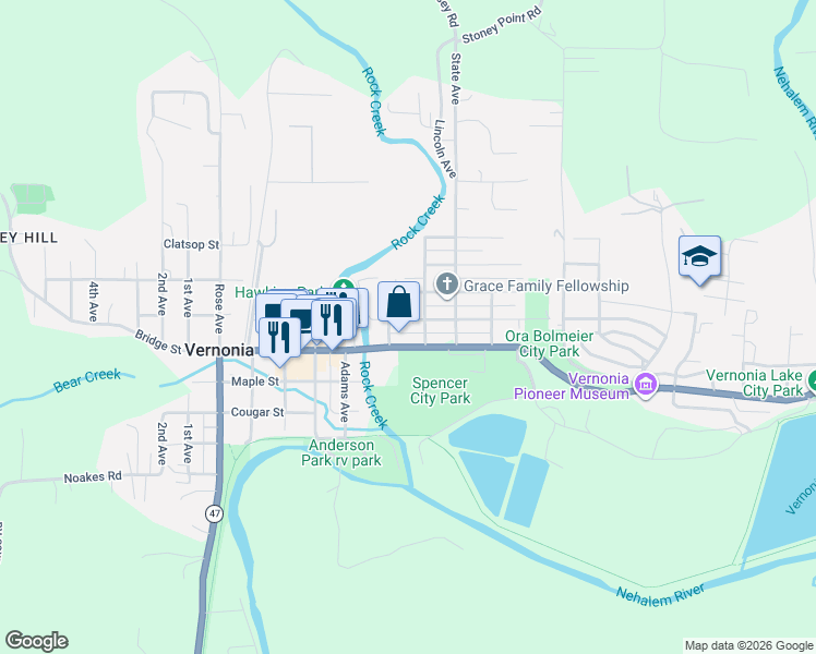 map of restaurants, bars, coffee shops, grocery stores, and more near 441 North Street in Vernonia
